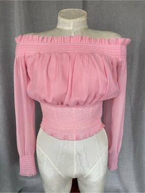 Bar III Pink Smocked Off The Shoulder Long Sleeve Crop Blouse Top Size M